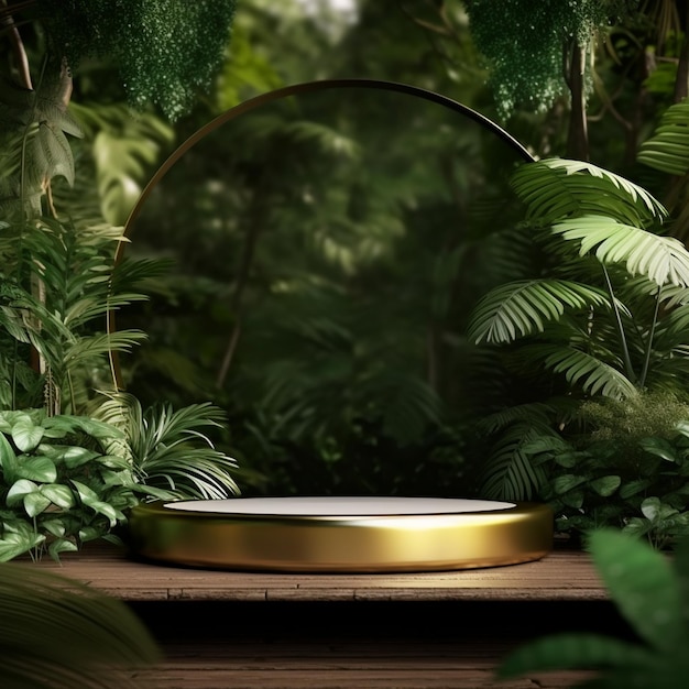 a gold and silver tray with a mirror and plants in the background.