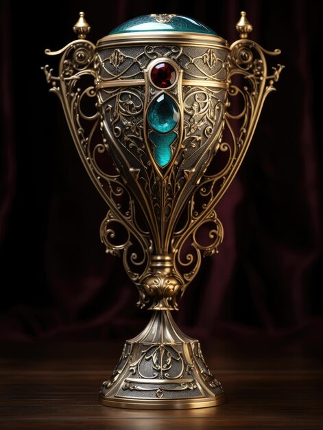 a gold and silver trophy with a jewel