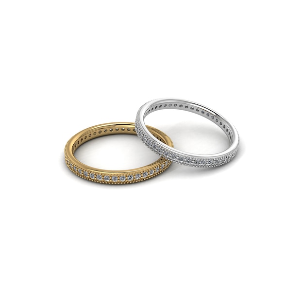 Photo gold and silver with diamond wedding rings isolated white background