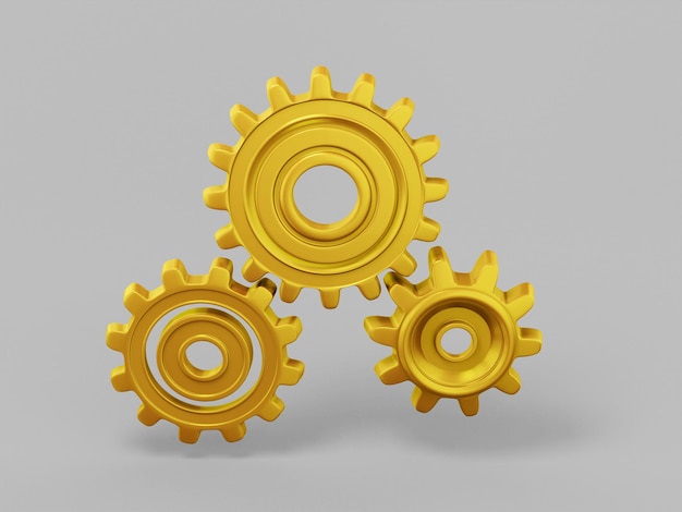 Photo gold single color gears on gray monochrome background. minimalistic design object. 3d rendering icon ui ux interface element.