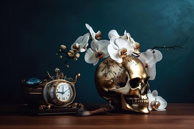 A gold skull and a clock on a table AI generative image