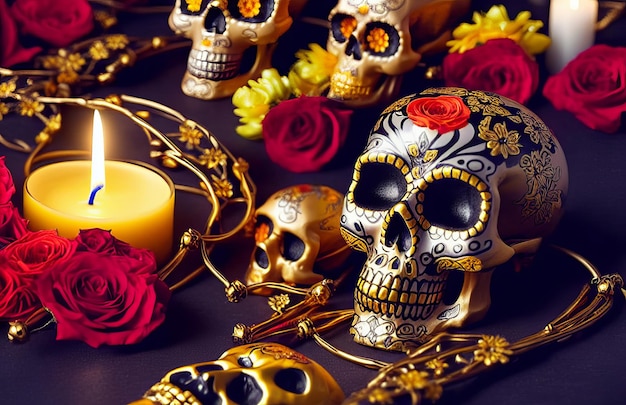 Gold skull for dia de los muertos day of the dead with candles\
and flowers