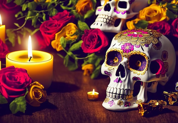 Золотой череп на день мертвых dia de los muertos со свечами и цветами