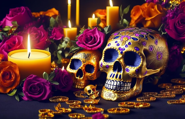 Gold skull for dia de los muertos day of the dead with candles\
and flowers