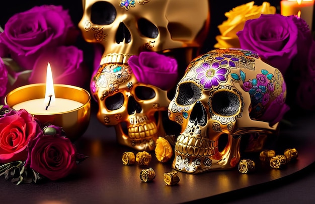 Gold skull for dia de los muertos day of the dead with candles\
and flowers