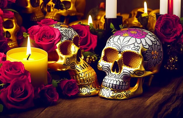 Gold skull for dia de los muertos day of the dead with candles\
and flowers