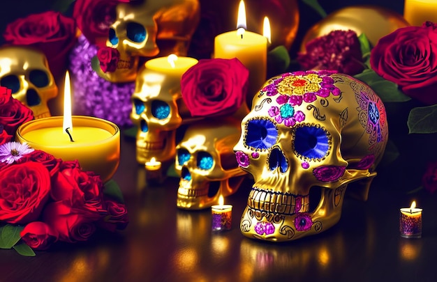 Teschio d'oro per dia de los muertos giorno dei morti con candele e fiori