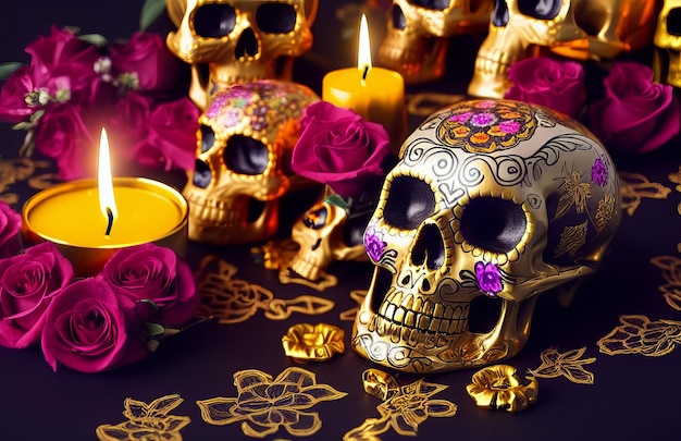 Gold skull for dia de los muertos day of the dead with candles and flowers