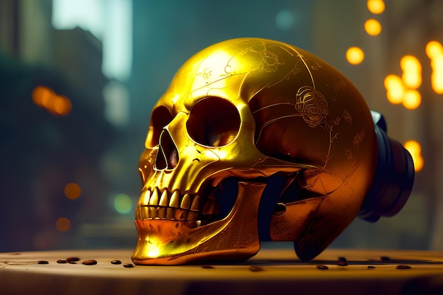 a gold skull setting on a table golden ratio cinematic composition generated by ai