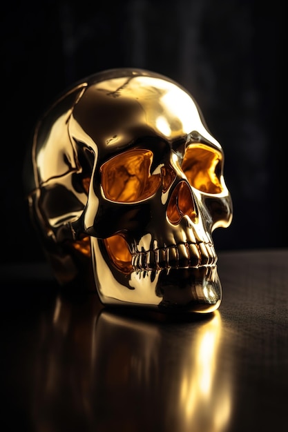 A gold skull sits on a black table.