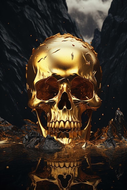 A gold skull in water