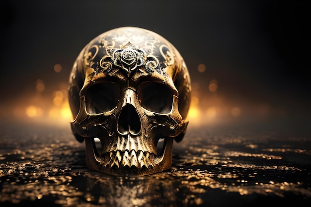 A gold skull with a black background