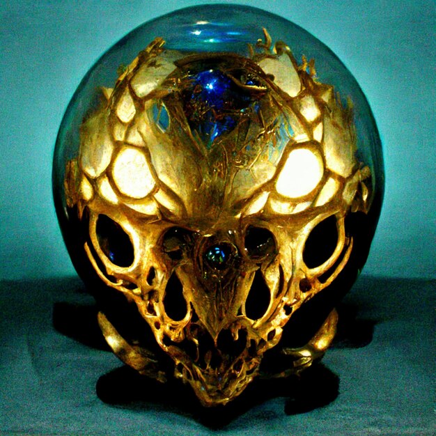 Photo a gold skull with a blue bowl with blue eyes and a blue base.