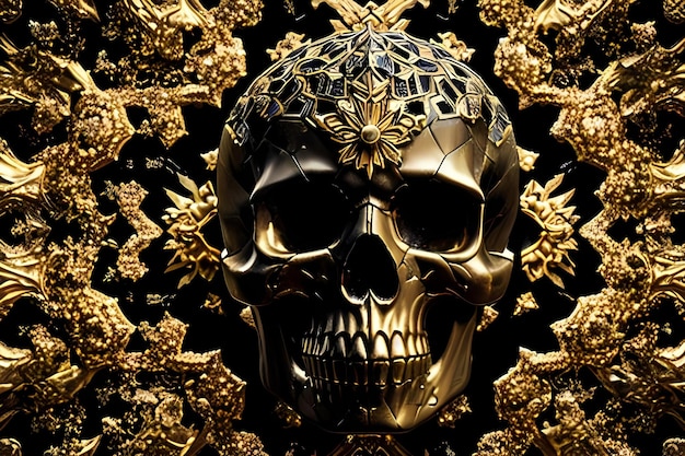 A gold skull with a floral pattern on it