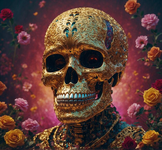 a gold skull with flowers and a skull on it