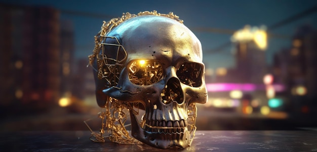 A gold skull with gold parts sits on a ledge.