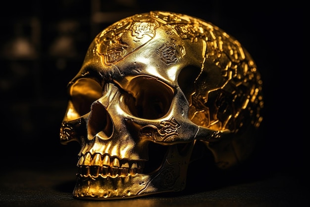 A gold skull with a pattern of skulls on it