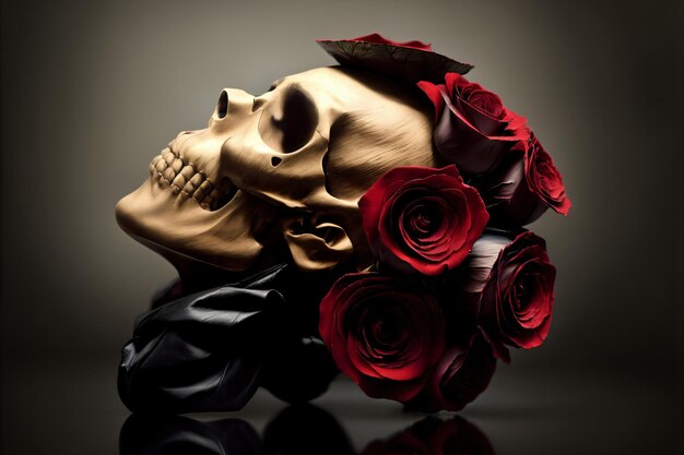 Photo a gold skull with red roses in it