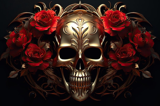 Gold Skull with red roses organic horror devil death giger epic