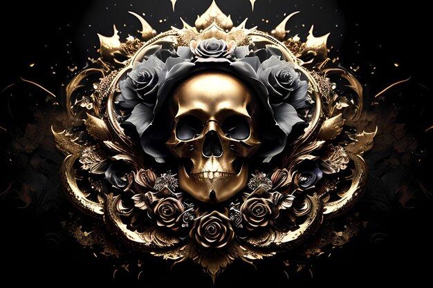 A gold skull with roses and leaves on it