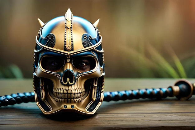 A gold skull with a silver helmet and a blue belt.