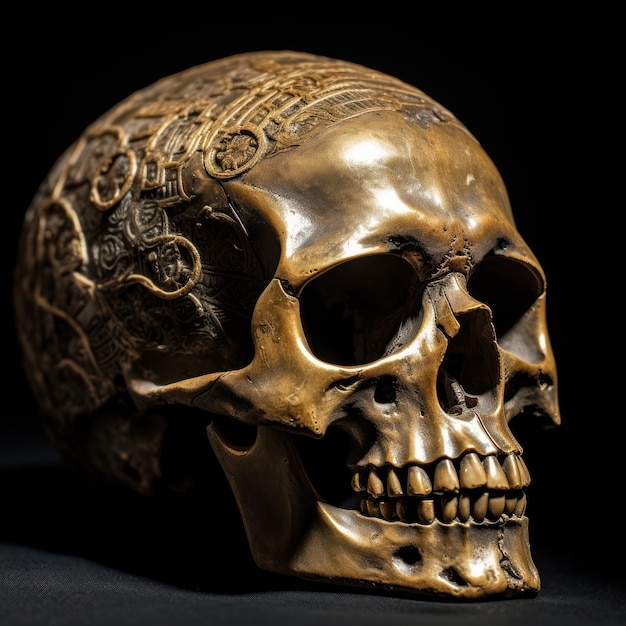 A gold skull with the word skull on it