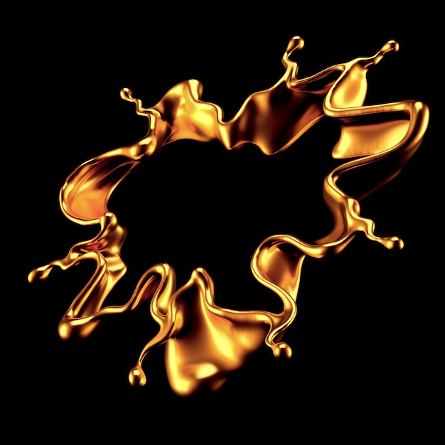 Gold splash liquid black background. 3d rendering.