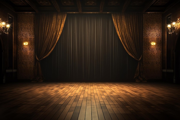 Gold stage curtain for theater opera scene