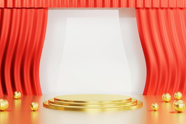 Gold  Stand Template for Product Advertising and Commercial, with Red Curtain 3D rendering.