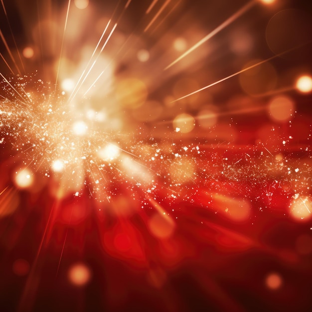 Gold star burst background with abstract defocused christmas lights and bokeh on red