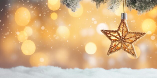 Gold star christmas decoration on tree branch with bokeh beads snow drawn high quality k copy