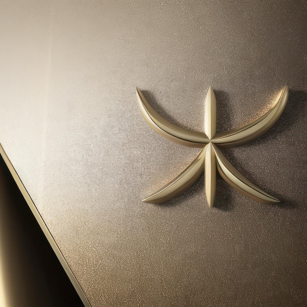 A gold star shape on a wall with the word pisces on it.