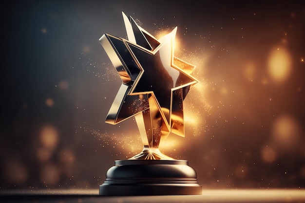 Photo gold star trophy on shiny sparks background generative ai art winner award