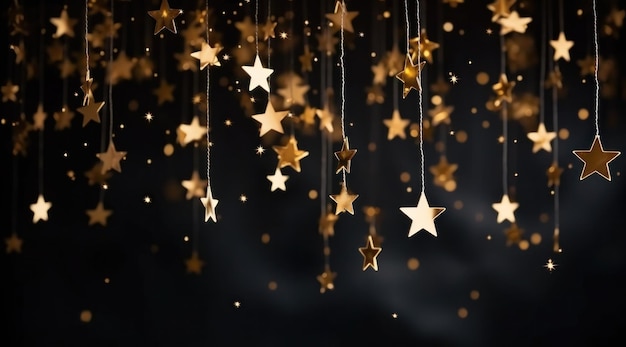 gold stars decorating the dark background with sparkling lights