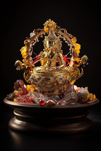 A gold statue of a god is sitting in a bowl with many gems on it.