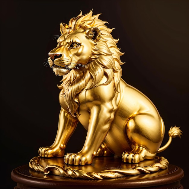 A gold statue of a lion is sitting on a wooden base.