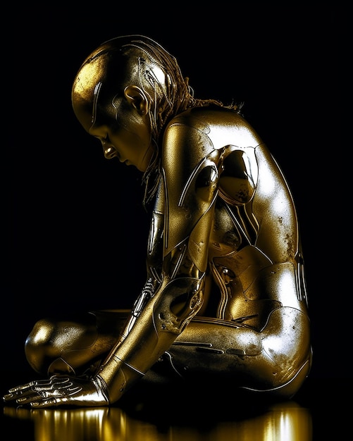 A gold statue of a man with the word robot on it