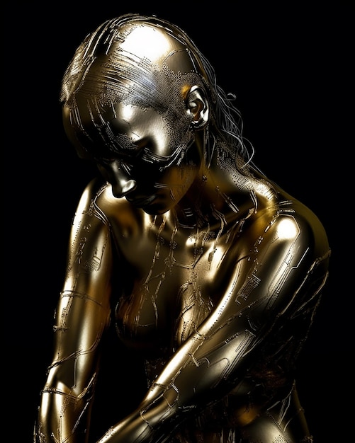 A gold statue of a woman with the word love on it