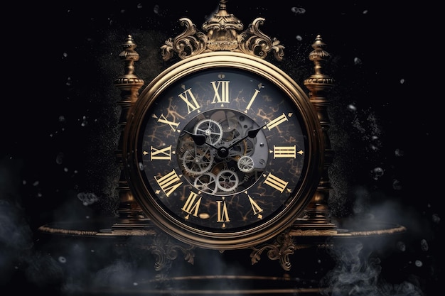 Gold Steampunk Clock On Black Smoky Background Generative AI