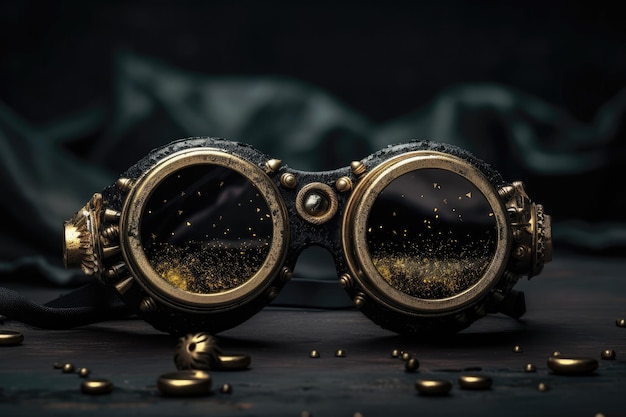 Occhiali steampunk oro su sfondo nero fumoso ia generativa