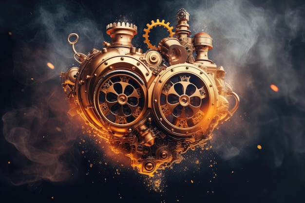 Gold Steampunk Heart Shape On Smoke Steam Sparks Background Generative AI