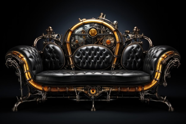 Photo gold steampunk sofa on black smoky background