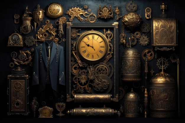 검은 연기가 자욱한 배경에 금색 Steampunk 옷장 생성 AI