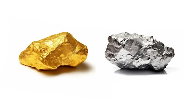 Золотой камень и серебряный камень изолированы на белом фоне концепции добычи драгоценных металлов и
