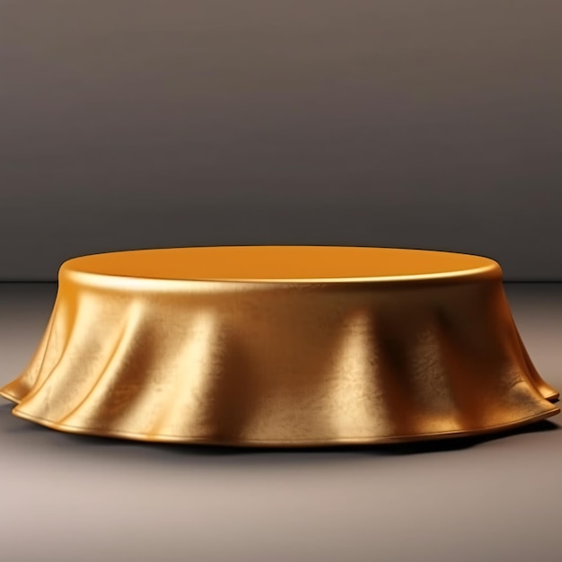 A gold table with a large gold cover on it.