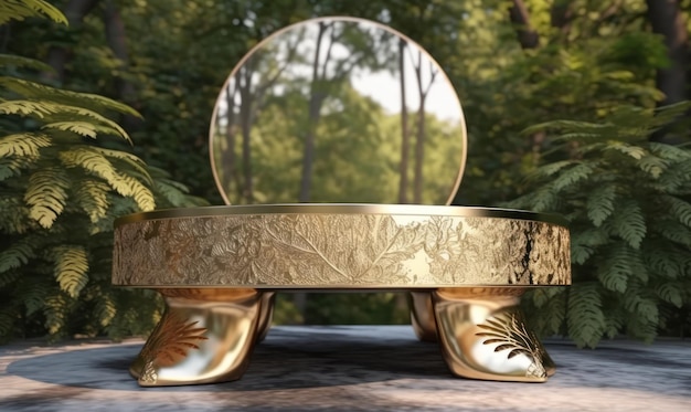 A gold table with a mirror on it and a tree in the background.