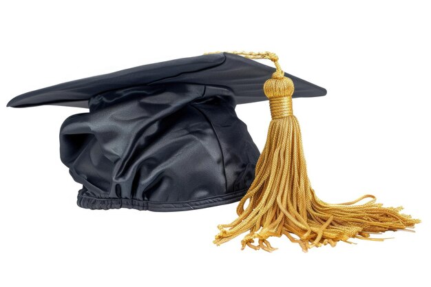 Foto tasso d'oro su fondo bianco cappello di laurea