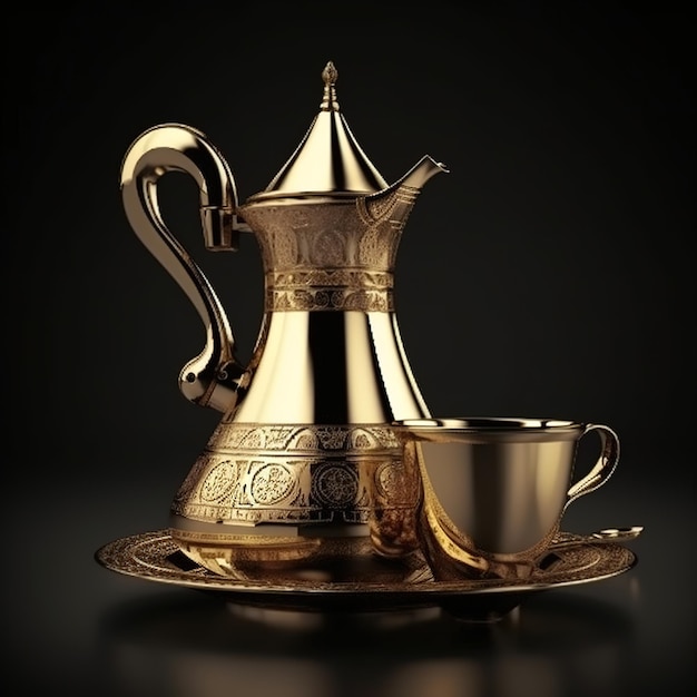 A gold teapot and a cup are on a black background.