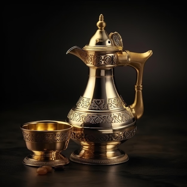 На столе стоят золотой чайник и чашка.