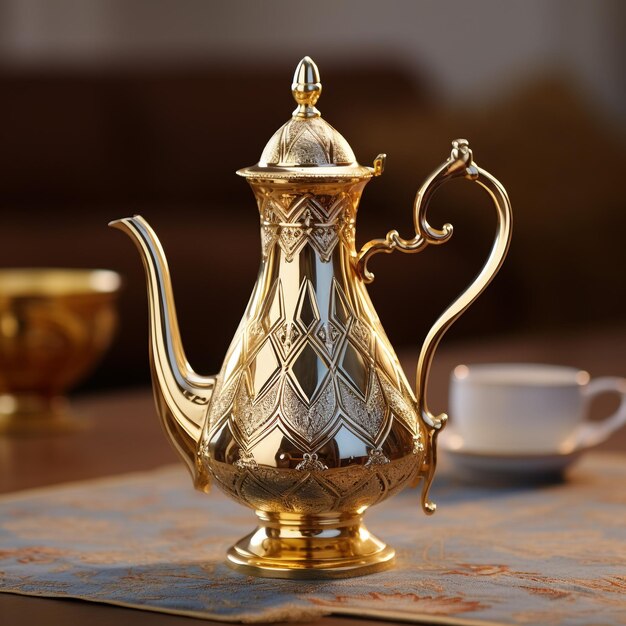 a gold teapot sits on a table next to a cup and saucer